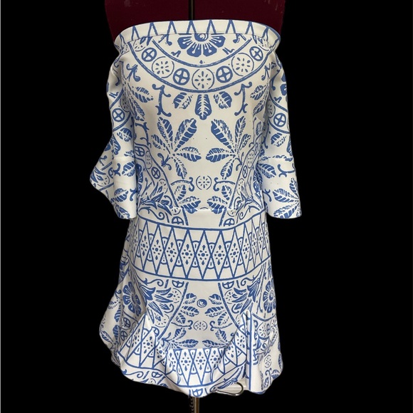 Blue & white tile grand millennial print off shoulder ruffle flounce mini dress - Picture 3 of 9
